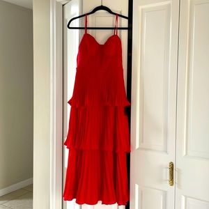 Cascading crush red tiered bustier midi dress size Small